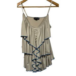 Rampage Womens Y2K Tank Top Ruffle Front Beige Blue Spaghetti Straps Sz S